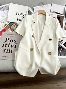 SHEIN Franclia 女款寬鬆版型奶油白金屬扣短袖西裝外套，春夏教師節商務辦公職場休閒優雅風 - 米色 - 查看 4