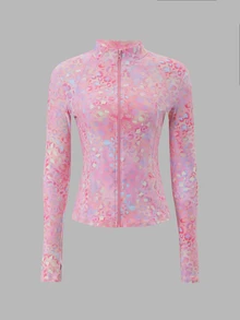 Pariaura Women's All-Over Print Zipper Casual Daily Sports Top - Pink - View 7