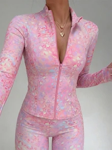 Pariaura Women's All-Over Print Zipper Casual Daily Sports Top - Pink - View 3