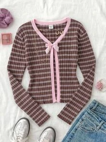 粉色條紋蝴蝶結裝飾女童百搭開襟衫 秋冬款 - 棕色 - 查看 1