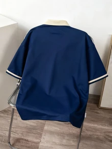 Manfinity Joysei Loose Fit Men's Short Sleeve Colorblock Collar Letter Print Polo Shirt - Blue - View 6