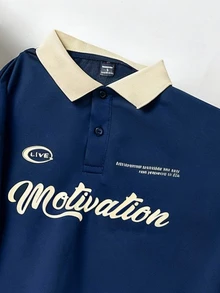 Manfinity Joysei Loose Fit Men's Short Sleeve Colorblock Collar Letter Print Polo Shirt - Blue - View 2