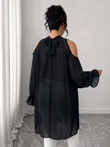 Elenzga 大尺碼女款優雅梭織立領後綁帶不對稱下擺長袖黑色半透鬆身襯衫 秋季 - 黑色 - 查看 3