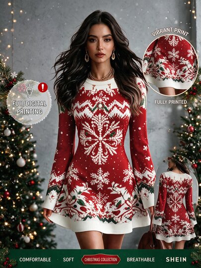 SHEIN Vestido de punto con ambiente de otoño/invierno, vestido rojo cálido para Nochebuena, vestido con ambiente festivo, vestido para fiesta de Año Nuevo, ropa de mujer, vestido con mangas acampanadas, vestido de fiesta