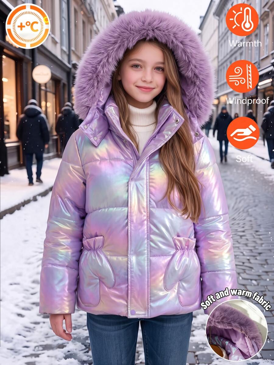 Girls' Big Tween Girl Colorful Light Purple Princess Style Cotton Padded Coat, Long Sleeve, Fleece, Fluffy Fur Collar With Ribbed Cuffs