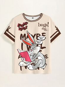 LOONEY TUNES X SHEIN 女款圓領短袖休閒T恤，滿版圖案印花 - 白色 - 查看 7