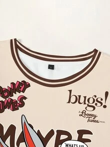 LOONEY TUNES X SHEIN 女款圓領短袖休閒T恤，滿版圖案印花 - 白色 - 查看 3