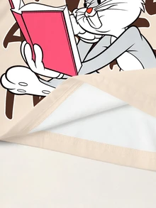 LOONEY TUNES X SHEIN 女款圓領短袖休閒T恤，滿版圖案印花 - 白色 - 查看 5