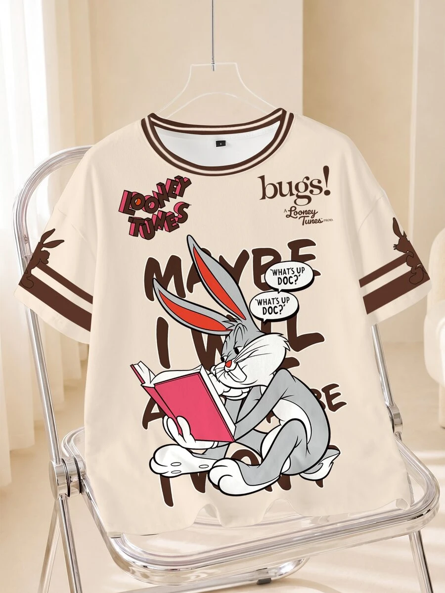 LOONEY TUNES X SHEIN 女款圓領短袖休閒T恤,滿版圖案印花 - 白色 - 查看 1
