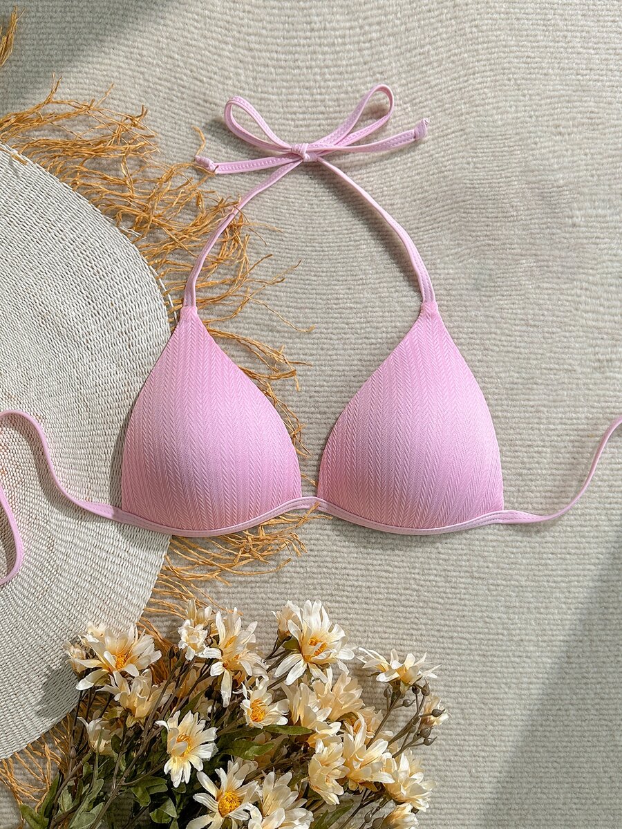 SHEIN Swim 女士纹理纯色露背粉色比基尼上衣,夏季海滩度假 - 粉色 - 查看 1