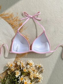 SHEIN Swim 女士纹理纯色露背粉色比基尼上衣，夏季海滩度假 - 粉色 - 查看 2