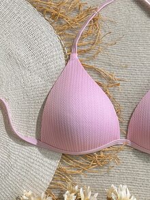 SHEIN Swim 女士纹理纯色露背粉色比基尼上衣，夏季海滩度假 - 粉色 - 查看 3
