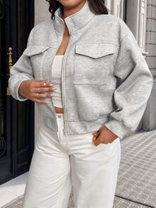 Easura Jaket Pendek Abu-abu Ukuran Besar dengan Resleting, Jaket Sweatshirt Lengan Panjang Kerah Tegak Longgar Kasual Musim Gugur/Dingin dengan Kantong Berpenutup, Pakaian Musim Dingin - Grey - View 3