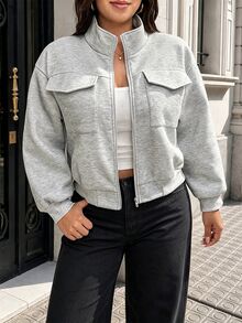 Easura Jaket Pendek Abu-abu Ukuran Besar dengan Resleting, Jaket Sweatshirt Lengan Panjang Kerah Tegak Longgar Kasual Musim Gugur/Dingin dengan Kantong Berpenutup, Pakaian Musim Dingin - Grey - View 4