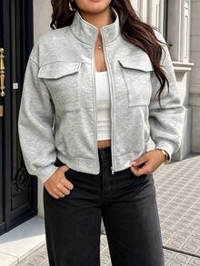 Easura Jaket Pendek Abu-abu Ukuran Besar dengan Resleting, Jaket Sweatshirt Lengan Panjang Kerah Tegak Longgar Kasual Musim Gugur/Dingin dengan Kantong Berpenutup, Pakaian Musim Dingin - Grey - View 2