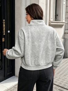 Easura Jaket Pendek Abu-abu Ukuran Besar dengan Resleting, Jaket Sweatshirt Lengan Panjang Kerah Tegak Longgar Kasual Musim Gugur/Dingin dengan Kantong Berpenutup, Pakaian Musim Dingin - Grey - View 5