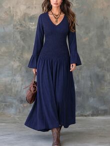LanaWest Women's Solid Color V-Neck Pleated Casual Party Dress - Navy Blue - View 1
