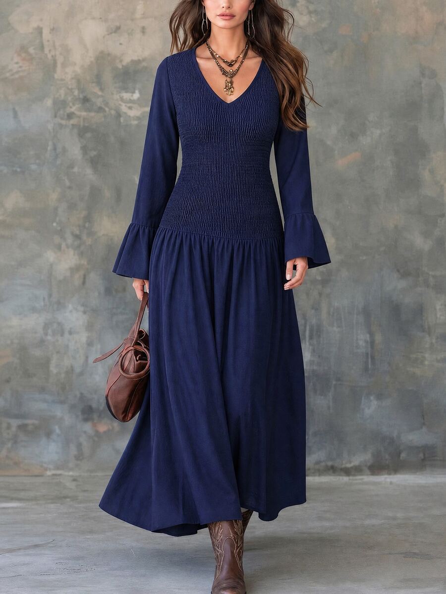 LanaWest Women's Solid Color V-Neck Pleated Casual Party Dress - Navy Blue - View 1