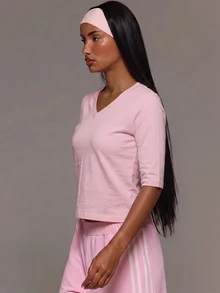 MUSERA ESSENTIALS تي شيرت قطن مخلوط بياقة V وأكمام ربع فضفاضة، أساسيات يومية لطيفة وجذابة، ضروري للربيع والصيف - وردي - مشاهدة 3