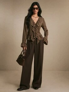 Poéselle Women's Plaid Ruffle Collar Flare Sleeve Blouse, Fall Concert Outfit, Casual Workwear, Halloween Street Style - Coffee Brown - View 7