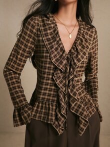 Poéselle Women's Plaid Ruffle Collar Flare Sleeve Blouse, Fall Concert Outfit, Casual Workwear, Halloween Street Style - Coffee Brown - View 2