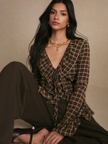 Poéselle Women's Plaid Ruffle Collar Flare Sleeve Blouse, Fall Concert Outfit, Casual Workwear, Halloween Street Style - Coffee Brown - View 9