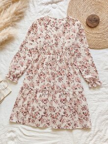 SHEIN 少女長袖碎花洋裝 秋季復古可愛熱帶鄉村風 圓領喇叭袖 拍照用 粉色 感恩節花童禮服 - 粉色 - 查看 3