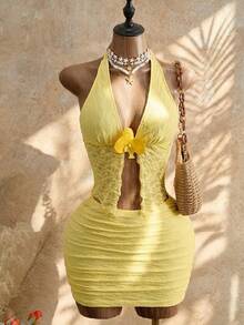 Allurite Summer Pastal Light Girly Tropical Lace Halter Sleeveless Deep V Form-Fitting Evening Dress For Night Out Vacation Golf Beach Date Party Sexy Yellow - Yellow - View 3