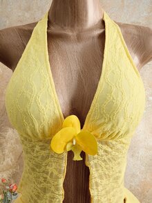 Allurite Summer Pastal Light Girly Tropical Lace Halter Sleeveless Deep V Form-Fitting Evening Dress For Night Out Vacation Golf Beach Date Party Sexy Yellow - Yellow - View 6