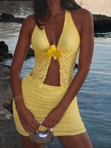 Allurite Summer Pastal Light Girly Tropical Lace Halter Sleeveless Deep V Form-Fitting Evening Dress For Night Out Vacation Golf Beach Date Party Sexy Yellow - Yellow - View 5