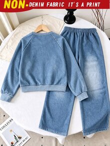 Girls' Imitation Denim Round-Neck Long-Sleeve Shirt + Wide-Leg Long Pants Set, Suitable For Autumn And Winter Leisure Wear For Older Teenage Girls. - Blue - View 2