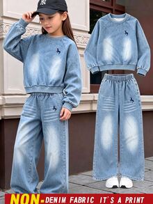 Girls' Imitation Denim Round-Neck Long-Sleeve Shirt + Wide-Leg Long Pants Set, Suitable For Autumn And Winter Leisure Wear For Older Teenage Girls. - Blue - View 3