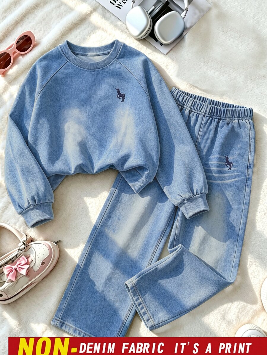 Girls' Imitation Denim Round-Neck Long-Sleeve Shirt + Wide-Leg Long Pants Set, Suitable For Autumn And Winter Leisure Wear For Older Teenage Girls. - Blue - View 1