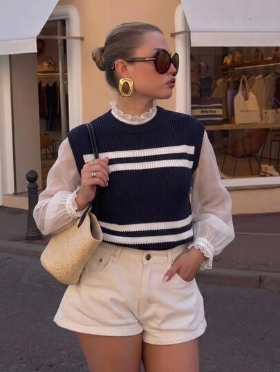 SHEIN Frenchy Women's Navy Blue Color-Blocked Stripes Casual Daily Knit Vest,Academic Style Striped Round Neck Sleeveless Knit Vest Sweater For Fall/Winter Layering