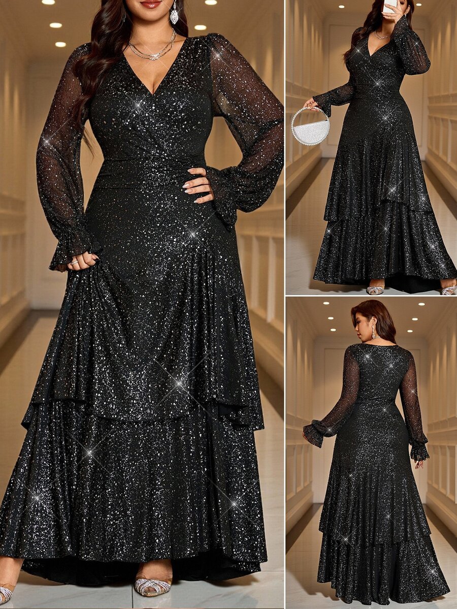 Reflora Gaun Panjang Wanita Ukuran Besar dengan Motif Ruffle Bergelombang, Pinggang Elastis Tinggi, Menutupi Bentuk Tubuh, Cocok untuk Musim Gugur, Lipit, Motif Bunga, Halloween, Koktail, Hitam, Elegan, Musim Gugur. - Hitam - View 1