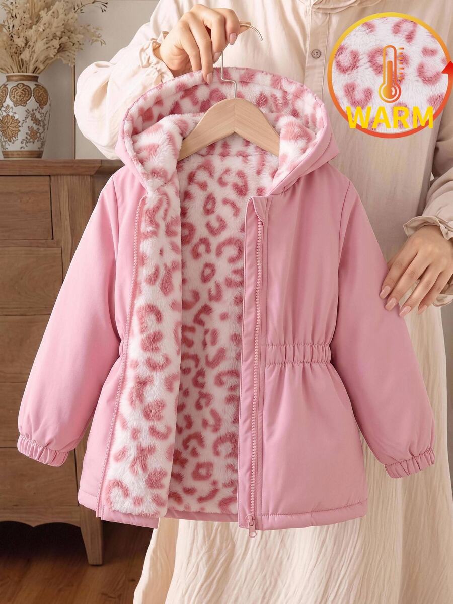 SHEIN معطف مبطن كاجوال للبنات الصغيرات منسوج بلون موحد مع بطانية رأس وتصميم مرقع مبطن بفرو صناعي - بيج - مشاهدة 1