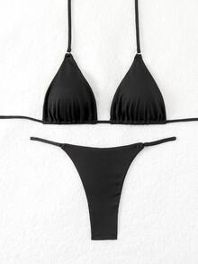 SHEIN Swim 女士夏季海灘實色褶皺性感比基尼套裝，適用於度假 - 黑色 - 查看 4