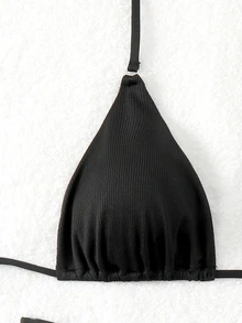 SHEIN Swim 女士夏季海灘實色褶皺性感比基尼套裝，適用於度假 - 黑色 - 查看 5