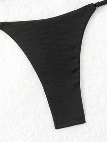 SHEIN Swim 女士夏季海灘實色褶皺性感比基尼套裝，適用於度假 - 黑色 - 查看 6