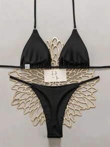 SHEIN Swim 女士夏季海灘實色褶皺性感比基尼套裝，適用於度假 - 黑色 - 查看 2