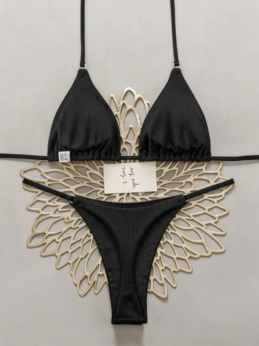 SHEIN Swim 女士夏季海灘實色褶皺性感比基尼套裝，適用於度假
