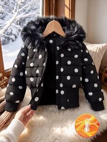 SHEIN Elladie kids 1件女童冬季波點黑色連帽厚毛領高腰羅紋修身時尚棉襖，休閒百搭外套，適合日常穿著與戶外活動 - 黑色 - 查看 9