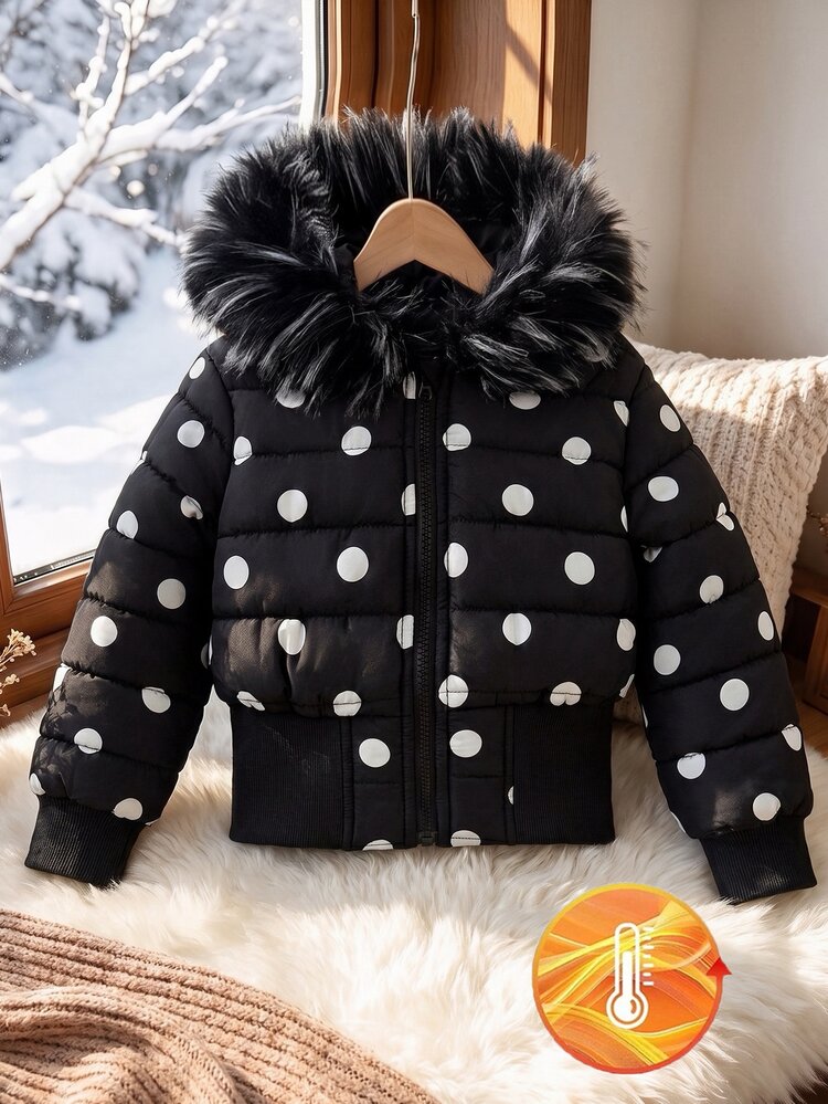 1pc Girls Winter Polka Dot Black Hooded Thick Fur Collar High Waist Ribbed Slim Fit Fashion Padded Coat, Casual Versatile Outerwear For Daily Life And Outdoor Activities - Black - View 5