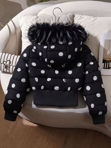 SHEIN Elladie kids 1件女童冬季波點黑色連帽厚毛領高腰羅紋修身時尚棉襖，休閒百搭外套，適合日常穿著與戶外活動 - 黑色 - 查看 4