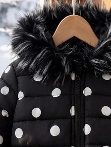 SHEIN Elladie kids 1件女童冬季波點黑色連帽厚毛領高腰羅紋修身時尚棉襖，休閒百搭外套，適合日常穿著與戶外活動 - 黑色 - 查看 7