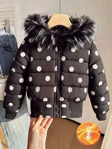 SHEIN Elladie kids 1件女童冬季波點黑色連帽厚毛領高腰羅紋修身時尚棉襖，休閒百搭外套，適合日常穿著與戶外活動 - 黑色 - 查看 8