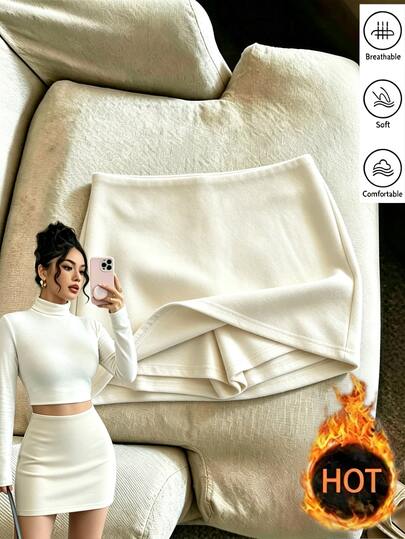 SHEIN Franclia Falda pantalón ajustada de mujer elegante color albaricoque con textura suave, falda pantalón albaricoque, falda pantalón casual, falda pantalón elegante, ropa de otoño, atuendo de fiesta, ropa de invierno, promoción de otoño/invierno, pantalones de chándal, estilo Y2K, atuendo de oficina para mujer, atuendo de vacaciones para mujer, falda pantalón con textura suave, pantalones con textura suave, falda con textura suave