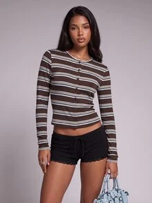 Nooralise Fashionable Sporty Style Multi-Color Striped Button-Up Cardigan T-Shirt - Multicolor - View 3