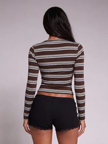 Nooralise Fashionable Sporty Style Multi-Color Striped Button-Up Cardigan T-Shirt - Multicolor - View 2