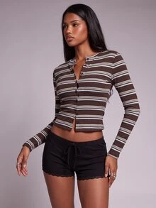 Nooralise Fashionable Sporty Style Multi-Color Striped Button-Up Cardigan T-Shirt - Multicolor - View 5
